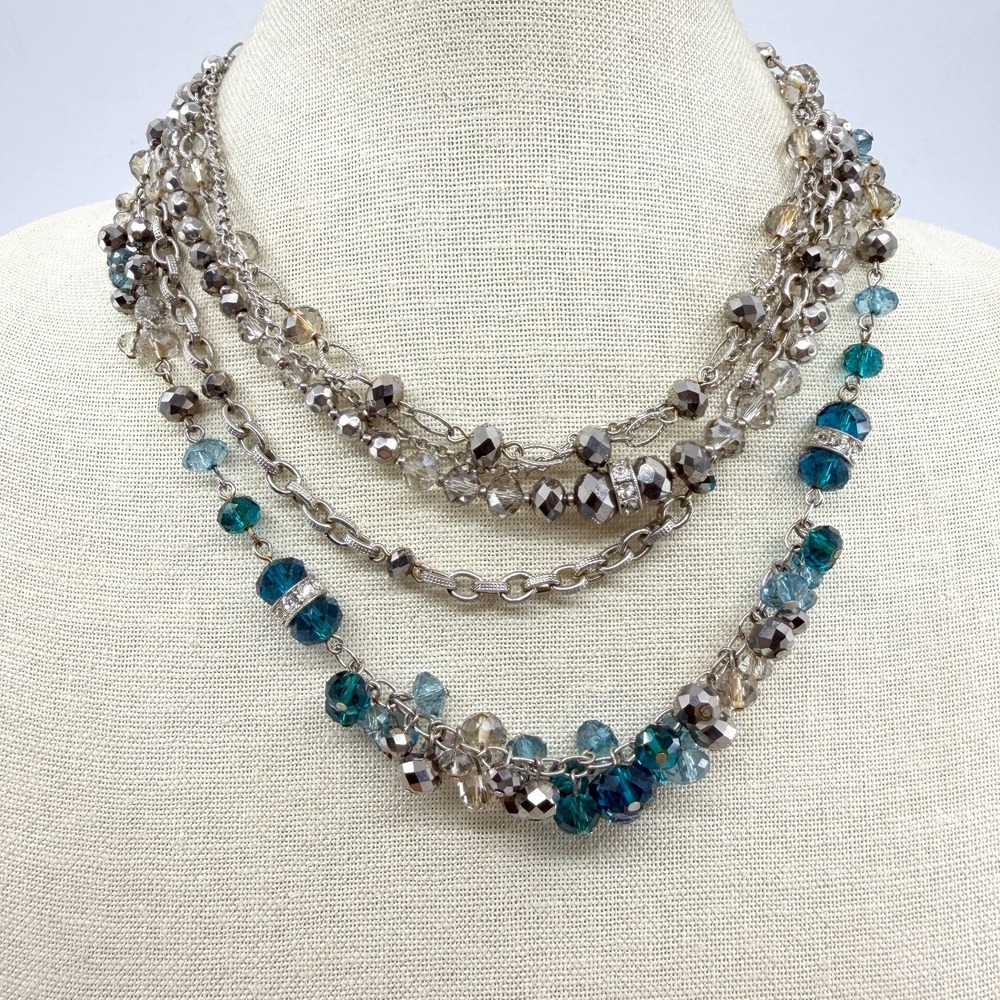Blue Crystal Statement Necklace Silver Tone Multi Strand Layered Boho Glam Gift